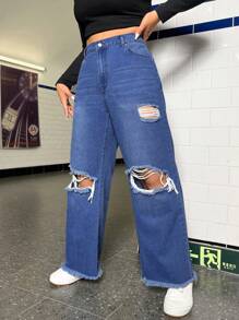 SHEIN ICON Talla grande Jeans de talle alto desgarro bajo crudo de pierna ancha - Azul lavado medio - Ver 3