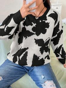 Flirla Plus Butterfly Pattern Drop Shoulder Sweater - Black and White - View 5
