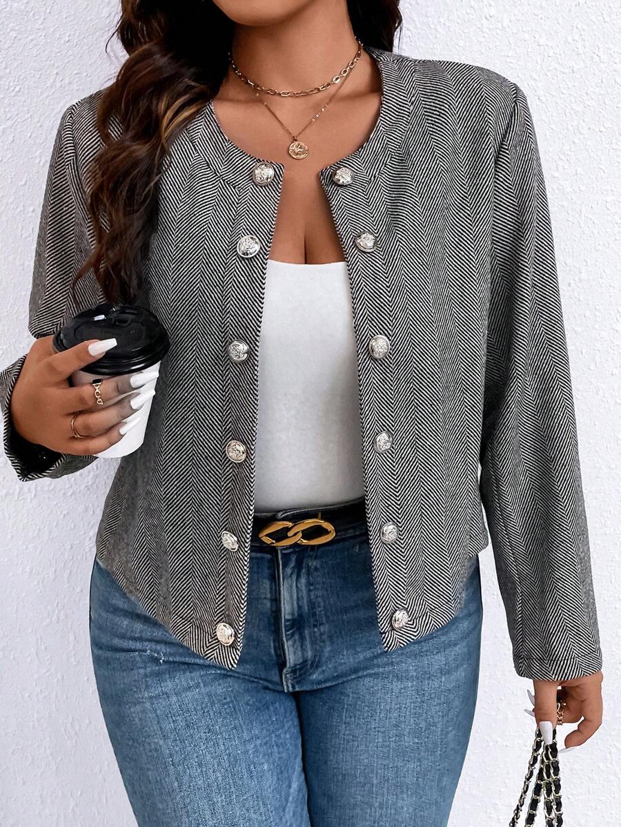 SHEIN LUNE 大碼人字形雙排釦花呢外套 - 灰色 - 查看 1