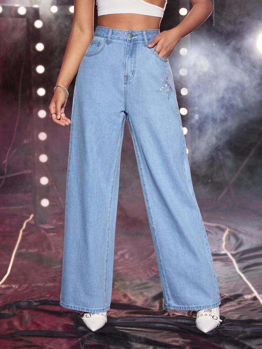SHEIN 高腰蝴蝶圖案闊腿牛仔褲 - 淺色水洗藍 - 查看 1