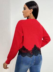 Zolique Suéter de punto con caída de hombros, encaje y patrón de letras, para otoño e invierno - Rojo - Ver 2