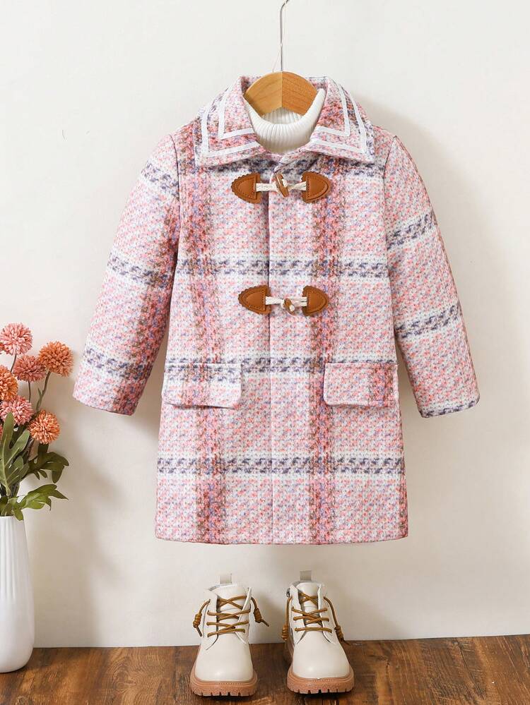 Young Girl 1pc Plaid Pattern Flap Detail Duffle Overcoat