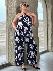 SHEIN Privé 休閒後系帶植物 全身印花大碼兩件套裝