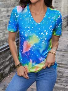 EMERY ROSE Tie Dye V Neck Tee - Blue - View 4