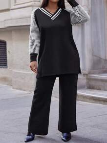 RueChic Plus Striped Pattern Raglan Sleeve Sweater & Knit Pants - Black and White - View 5