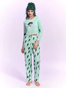 The Powerpuff Girls | ROMWE Women's Cartoon Printed Pajama Set - Green - View 2