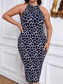 SHEIN Privé Hơn In Địa lý Halter Neck Váy bodycon - Màu xanh hải quân - Xem 7