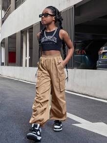 SHEIN Pantalones de cargo de unicolor tejidos informales para niñas preadolescentes con dobladillo acolchado y bolsillos con solapa - Caqui - Ver 4