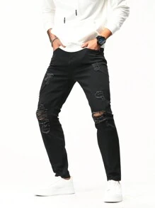 Manfinity 男士破洞抽鬚緊身牛仔褲 - 黑色 - 查看 7