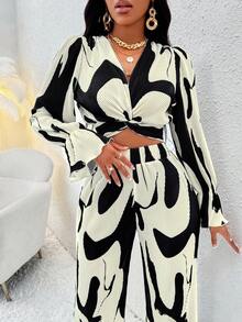 通體印花扭褶短款上衣和闊腿褲 - 黑與白 - 查看 6