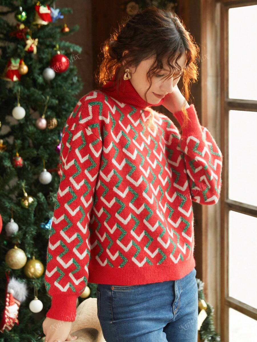 Knit Mix Geo Pattern Drop Shoulder Sweater