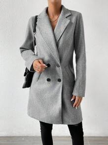 SHEIN Essnce Abrigo de cuello con solapa de doble botonadura - Gris - Ver 1