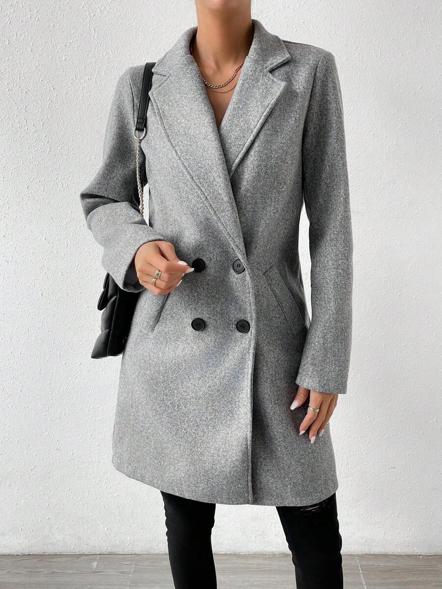 SHEIN Essnce Abrigo de cuello con solapa de doble botonadura - Gris - Ver 1