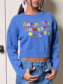 SHEIN EZwear 標語刺繡落肩袖套頭毛衣 - 藍色 - 查看 5