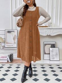 Flirla Plus Button Front Dress Without Sweater - Khaki - View 1