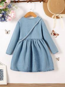 Young Girl Butterfly Print Button Through Denim Dress With Bag - Medium Wash - View 2