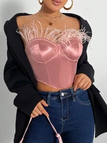 Allurite 毛茸邊緊身上衣抹胸上衣 - 藕粉色 - 查看 3