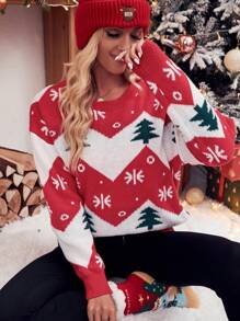 SHEIN Frenchy Christmas Pattern Drop Shoulder Sweater - Red - View 1