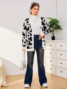 Teen Girl Cow Pattern Button Front Cardigan - Black and White - View 5