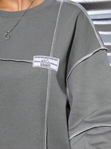 SHEIN Teen Girls Letter Graphic Top-stitching Drop Shoulder Pullover - Grey - View 5