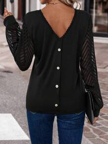 SHEIN Clasi Button Back Bishop Sleeve Top - Black - View 4