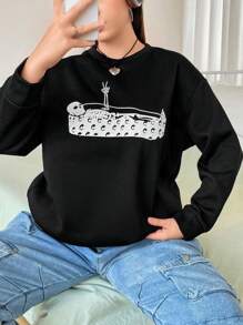 Flirla 加大码骷髅印花落肩套头卫衣 秋季卫衣 - 黑色 - 查看 4