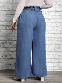 SHEIN LUNE Plus Paperbag Waist Belted Wide Leg Jeans - Medium Wash - View 2