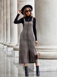 SHEIN LUNE Plaid Print Zip Up Overall Dress Without Tee - Multicolor - View 5