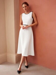 MOTF PREMIUM BELTED CONTRAST BINDING DRESS - White - View 8