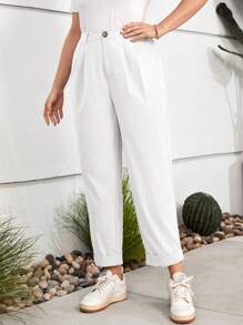 SHEIN LUNE Plus Fold Pleated Detail Roll Hem Pants - White - View 4