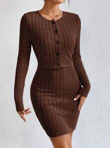 SHEIN Essnce Solid Button Front Cami Bodycon Dress & Jacket - Coffee Brown - View 7