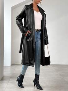 SHEIN Privé Lapel Neck Belted PU Leather Coat - Black - View 1