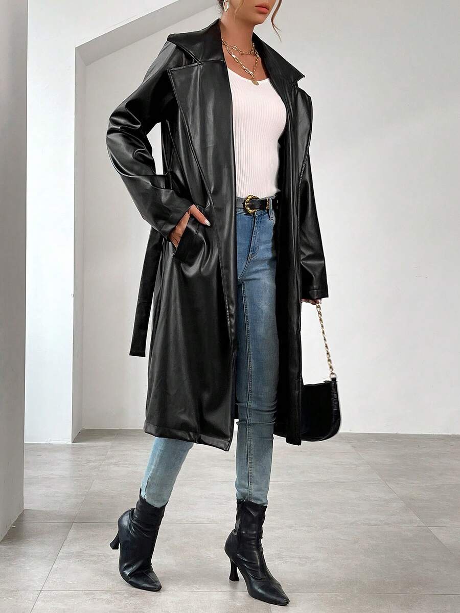 SHEIN Privé Lapel Neck Belted PU Leather Coat - Black - View 1