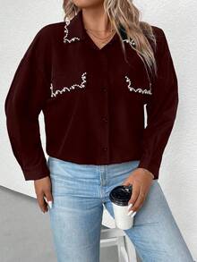 SHEIN Clasi Plus Pearls Detail Drop Shoulder Shirt - Burgundy - View 5