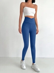 SHEIN Cottnline Solid V Waist Leggings - Blue - View 5