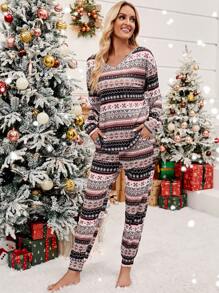 Chiquease Christmas Print Drop Shoulder Tee & Sweatpants - Multicolor - View 3