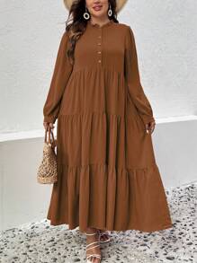 SHEIN LUNE 大碼半排扣荷葉邊娃娃裙 - 鏽棕色 - 查看 1