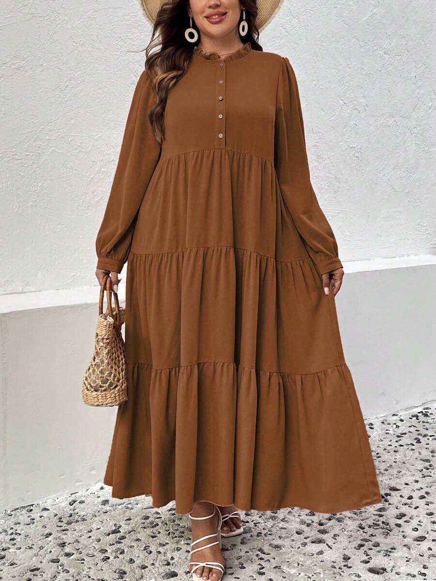 SHEIN LUNE 大碼半排扣荷葉邊娃娃裙 - 鏽棕色 - 查看 1