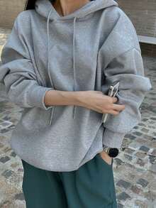 DAZY Chất rắn Thả vai Dây rút Hoodie - Xám - Xem 4