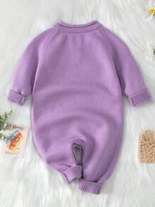 SHEIN Baby Girl Raglan Sleeve Button Detail Sweater Jumpsuit - Mauve Purple - View 2