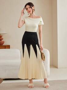 Modelyn 不对称领口毛衣 & 拼色针织裙（无腰带）2 件套 - 杏色 - 查看 3