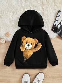 SHEIN 年轻男孩休闲简约卡通图案长袖连帽运动衫，适合秋季 - 黑色 - 查看 4