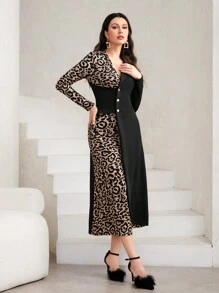 Modelyn Leopard Print Button Front Dress Maxi Women Outfit Long Evening Dresses - Black - View 3