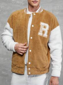 RueChic Men Letter Patched Striped Trim Drop Shoulder Teddy Varsity Jacket - Brown - View 1