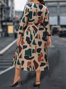 EMERY ROSE Plus Geo Print Lantern Sleeve Belted Dress - Multicolor - View 2
