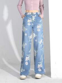 青少年女孩印花闊腿牛仔褲 - 淺色水洗藍 - 查看 1