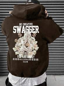 Manfinity EMRG 男款寬鬆休閒連帽衫,有天使口號印花 - 棕色 - 查看 1