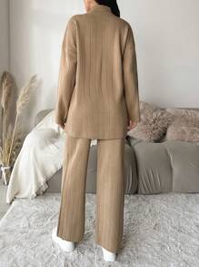 EURMUSE Mock Neck Drop Shoulder Sweater & Knit Pants - Camel - View 3