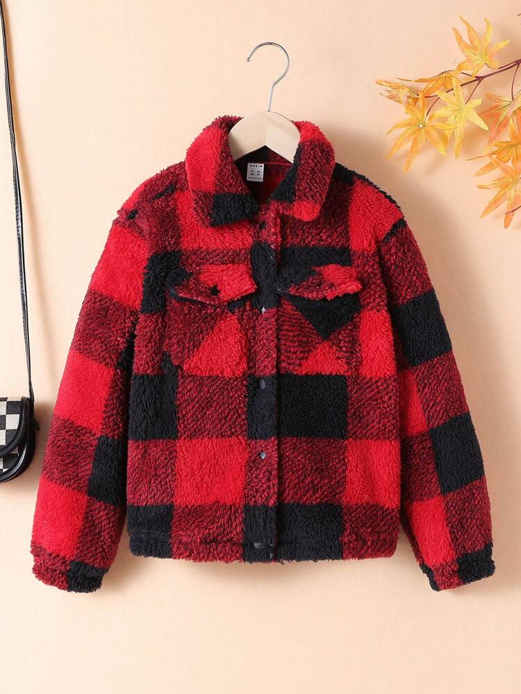 Tween Girl Buffalo Plaid & Slogan Embroidery Teddy Jacket