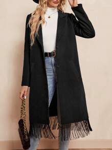 SHEIN Clasi Lapel Neck Fringe Hem Overcoat - Black - View 1